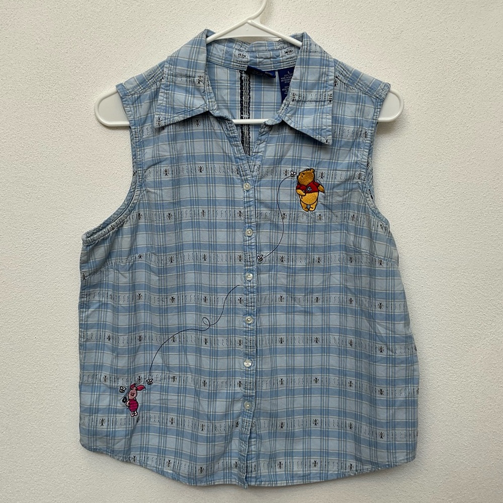 Disney Winnie The Pooh Blue Gingham Embroidered Character Button Down Large